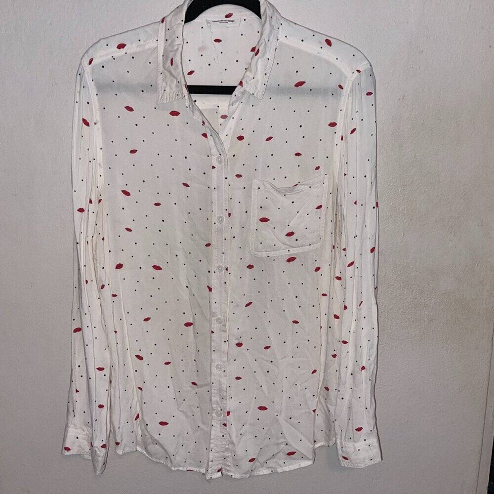 Beach Lunch Lounge Lips Kiss Print Button Down Shirt XL White Red